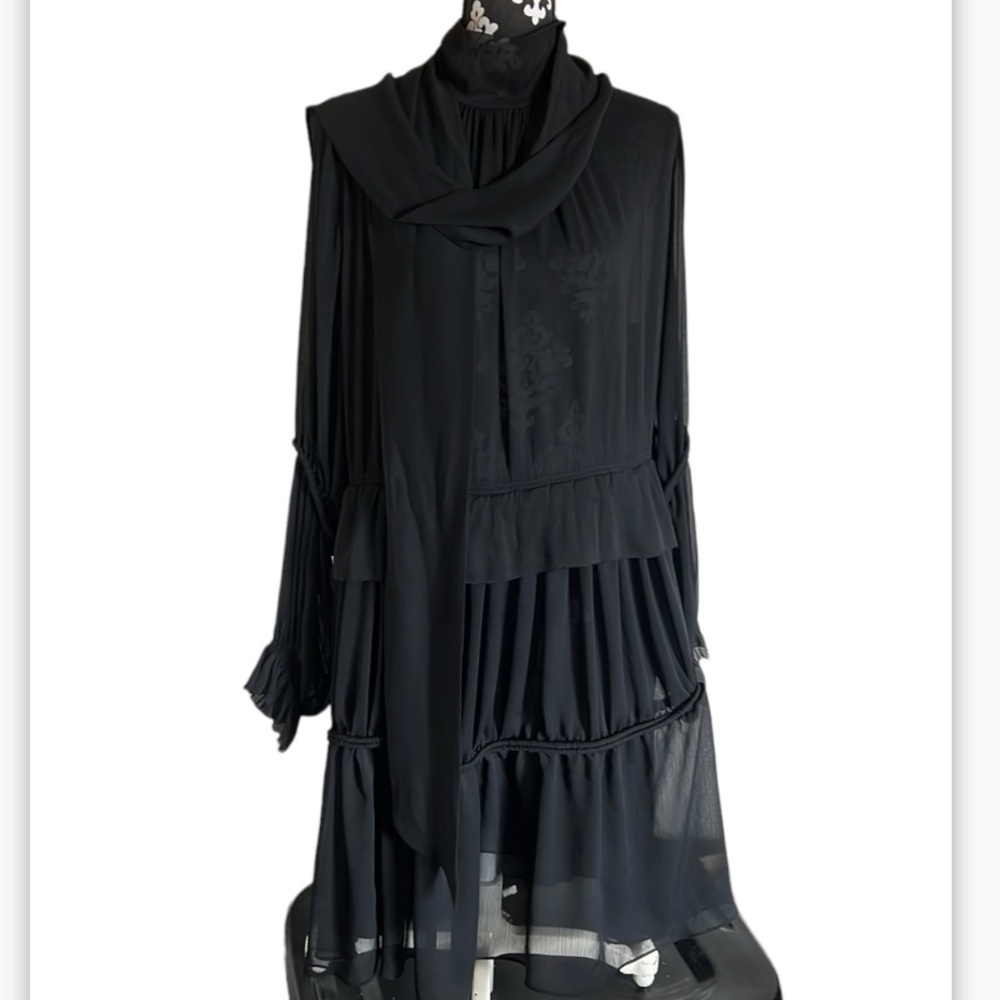 Frank Remme black long sleeve scarf dress NWOT( has a flaw) - Picture 5 of 15